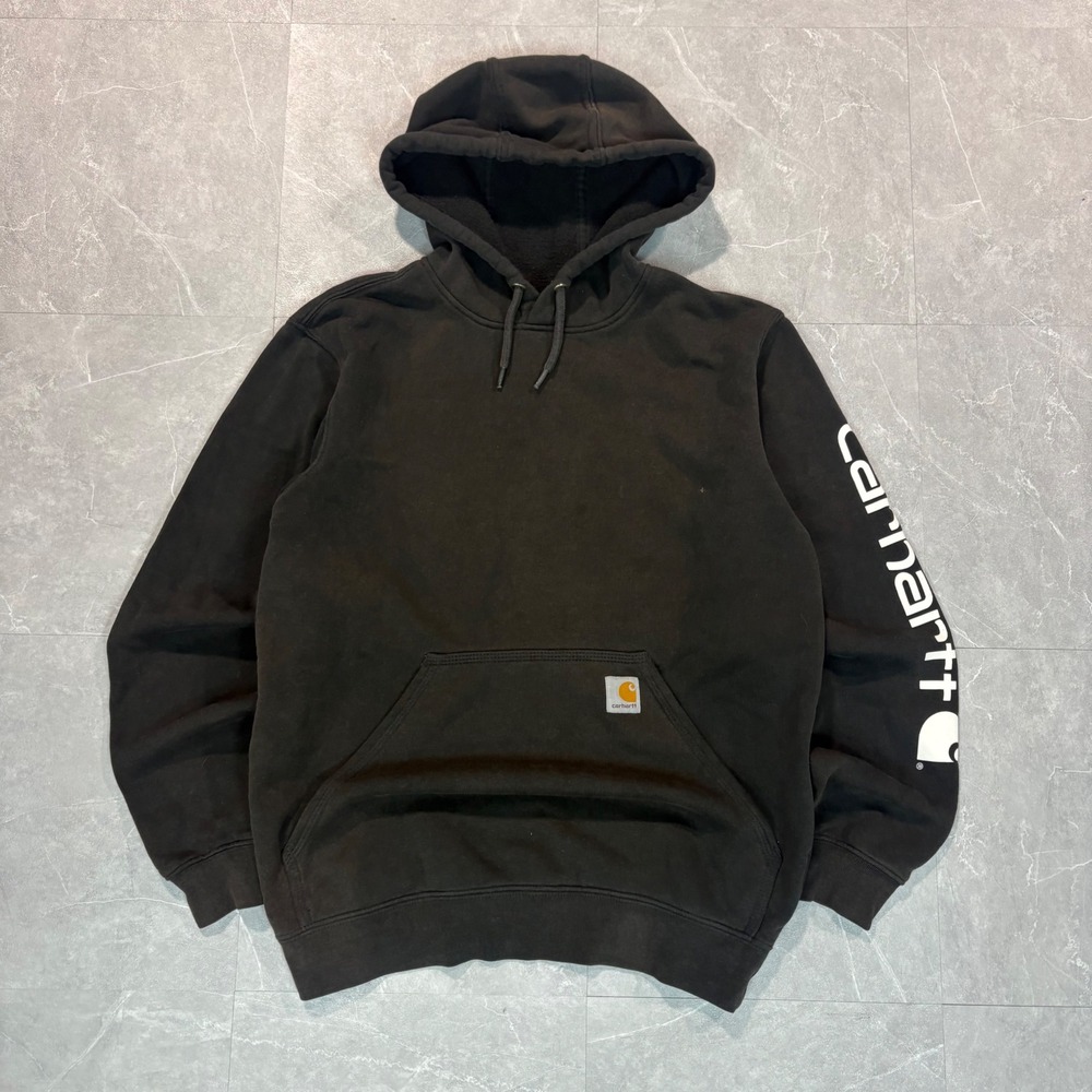 Black Carhartt hoodie with white sleeve accents